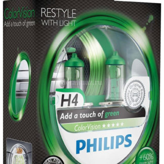 Лампа автомобильная галогенная Philips ColorVision Green, для фар, цоколь H4 (P43t), 12V, 60/55W, 2 шт ФОТО-1