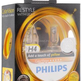 Лампа автомобильная галогенная Philips ColorVision Yellow, для фар, цоколь H4 (P43t), 12V, 60/55W, 2 шт ФОТО-1